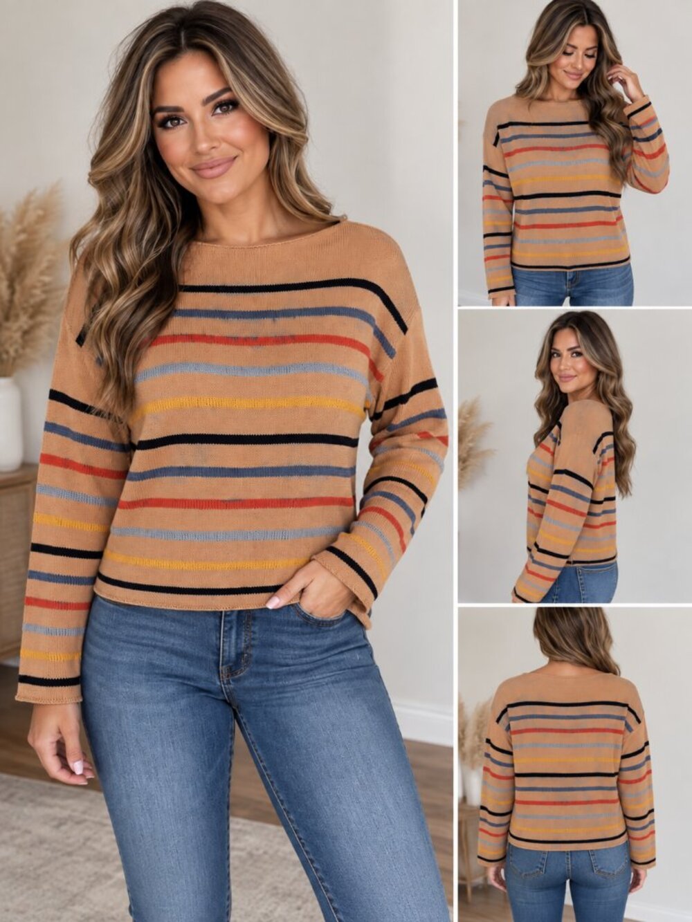 ZESICA Women’s Medium Camel Multicolor Striped Lightweight Knit Sweater